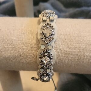 Elegant Silver Bracelet with Crystal Accents White Leather
